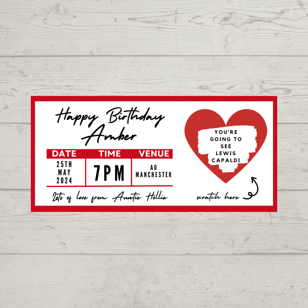 Red Surprise Concert Ticket Print | Personalised Red Concert Ticket | Scratch Reveal | Gift Idea