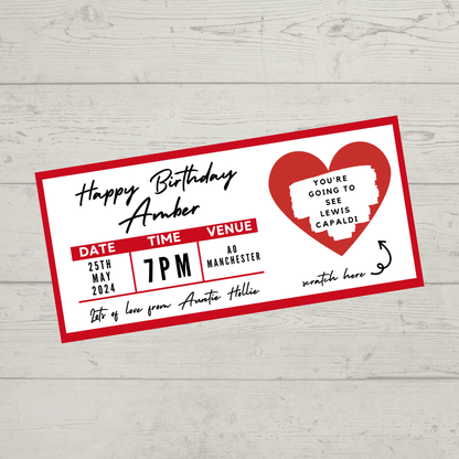 Red Surprise Concert Ticket Print | Personalised Red Concert Ticket | Scratch Reveal | Gift Idea