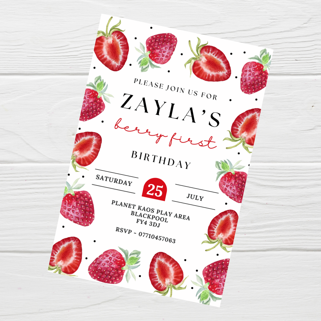Strawberry Birthday Invitations | A6 Invites | Strawberry Theme Invitations | Party Invitations