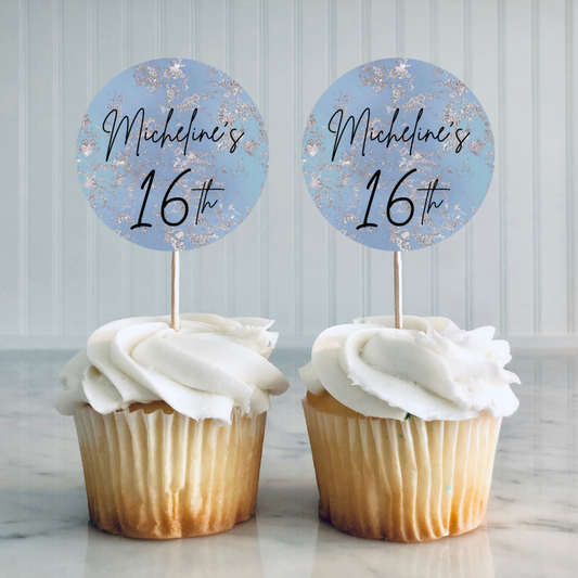 Blue Marble Cupcake Toppers | Any Text, Birthday, Hen Party, Christening | Party Decorations