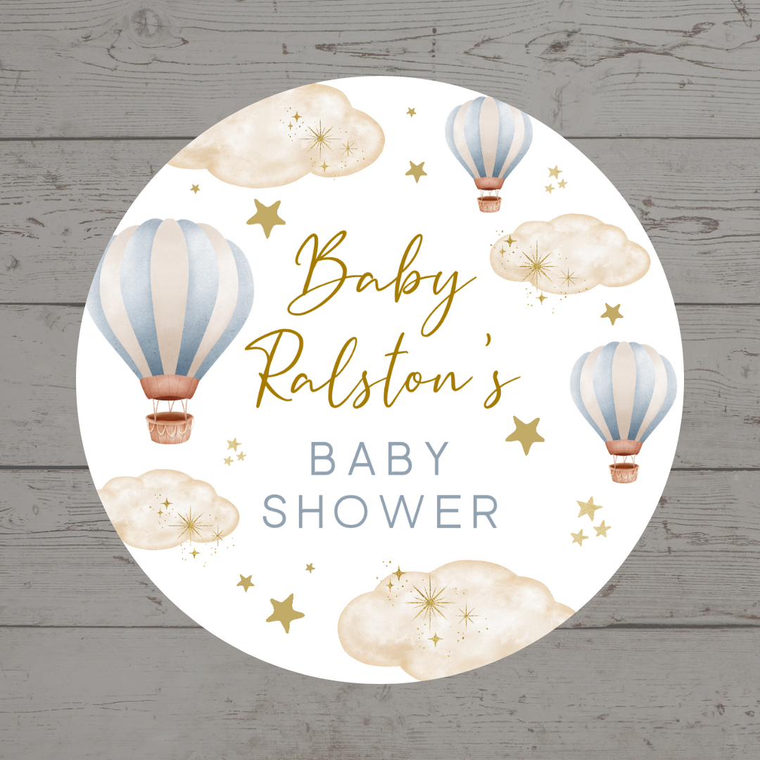 Blue Hot Air Balloon Party Circle Stickers | Baby Shower, Birthday Party Stickers | Blue Hot Air Balloon Party Bag Labels