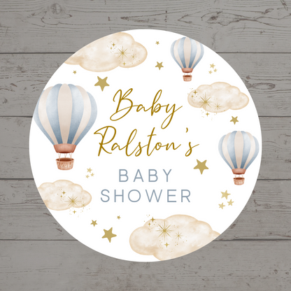 Blue Hot Air Balloon Party Circle Stickers | Baby Shower, Birthday Party Stickers | Blue Hot Air Balloon Party Bag Labels