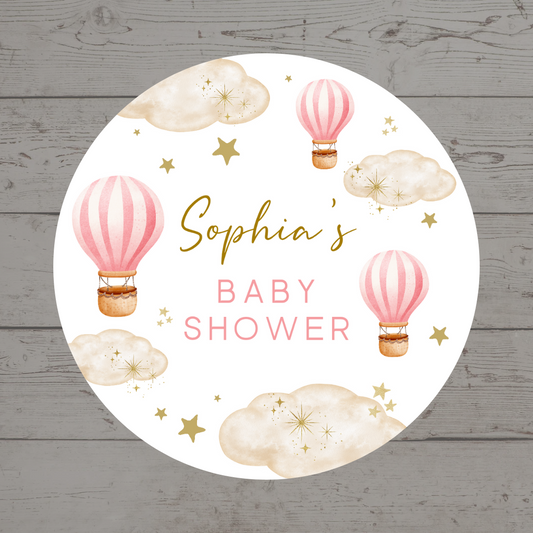 Dark Pink Hot Air Balloon Party Circle Stickers | Baby Shower, Birthday Party Stickers | Pink Hot Air Balloon Party Bag Labels
