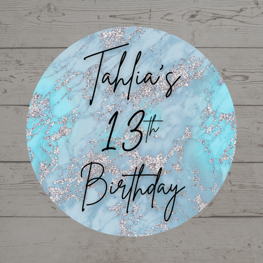 Blue Silver Marble Party Circle Stickers | Hen Do, Birthday Party Stickers | Blue Marble Party Bag Labels