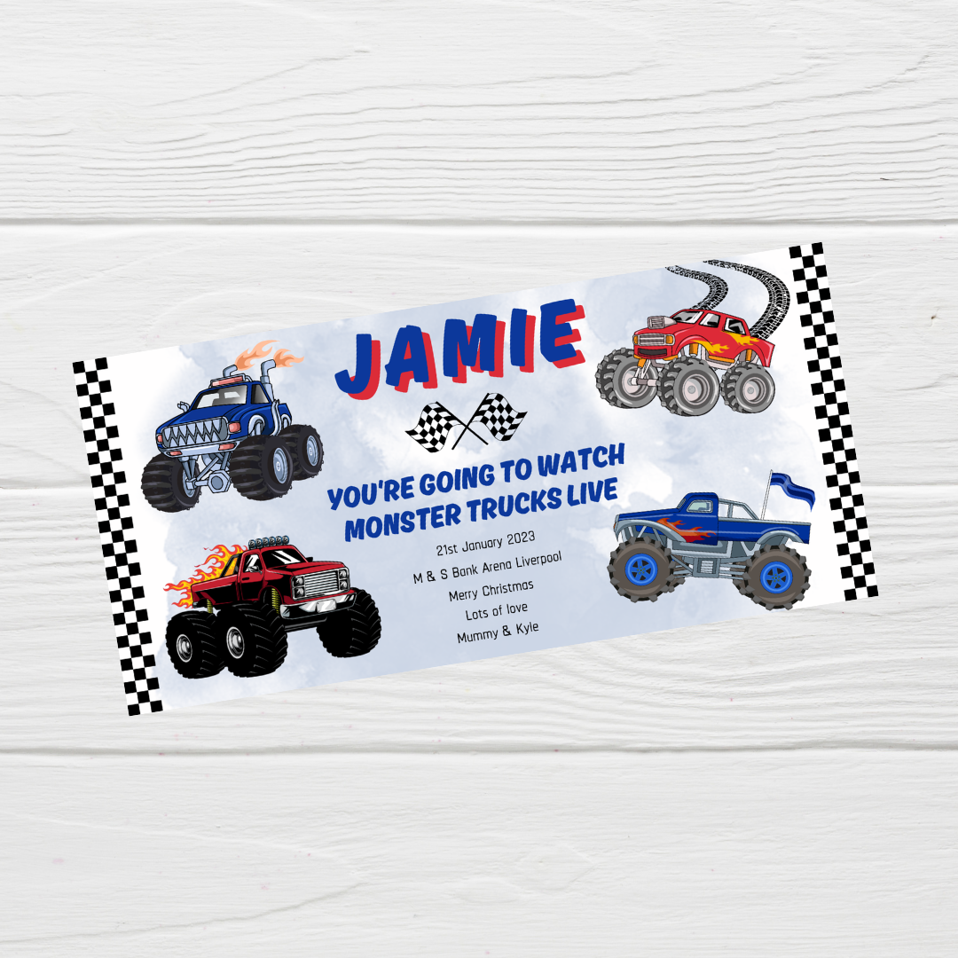 Surprise Ticket Print | Personalised Monster Truck Ticket Voucher | Gift Idea