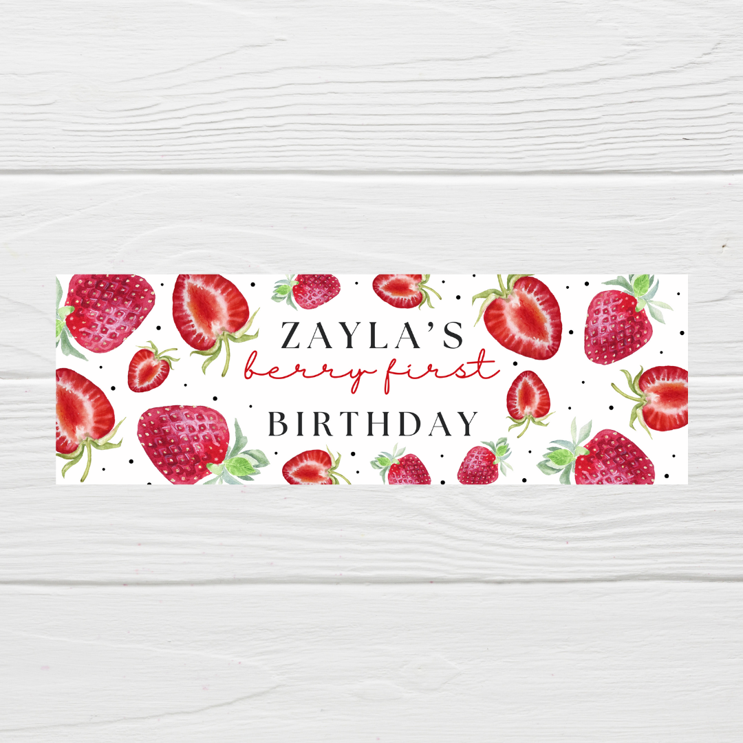 Strawberry Banner | Personalised Strawberry Birthday, Baby Shower, Christening Party Banner | Strawberry Party Theme