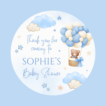 Blue Hot Air Balloon Teddy Bear Baby Shower, Birthday Party Stickers | Circle Stickers | Sticker Sheet | Party Stickers | Teddy Bear Theme