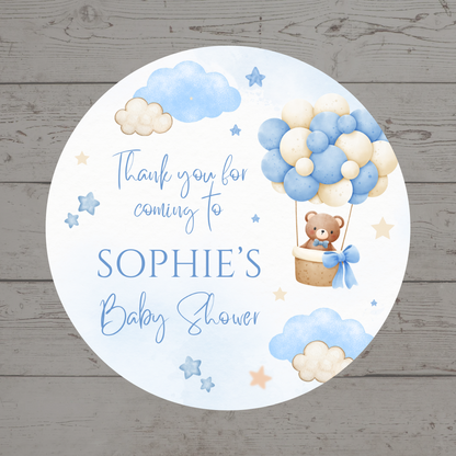 Blue Hot Air Balloon Teddy Bear Baby Shower, Birthday Party Stickers | Circle Stickers | Sticker Sheet | Party Stickers | Teddy Bear Theme