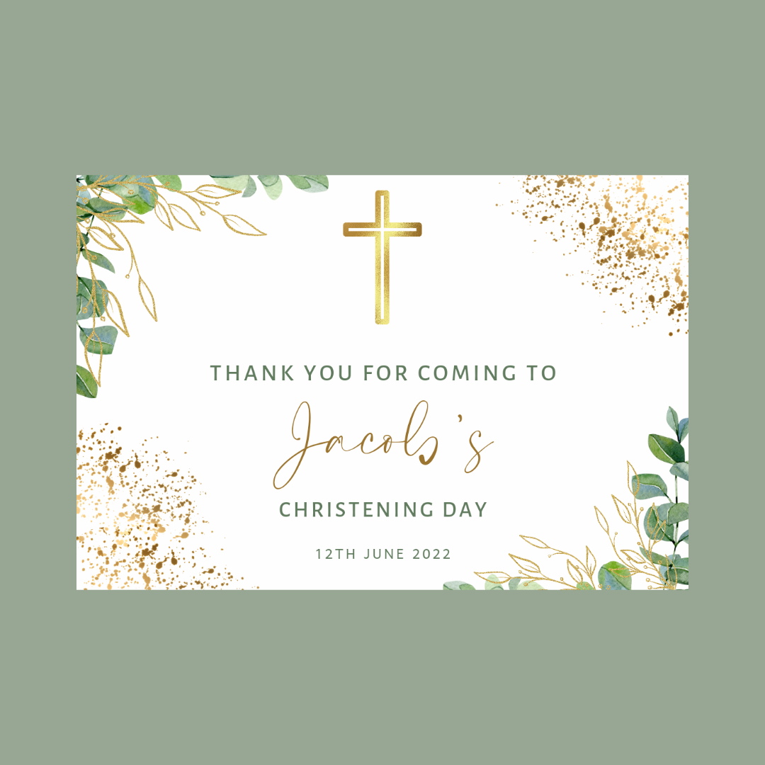 Rectangle Stickers | Gold, Green Leafy, Eucalyptus Party Stickers | Baptism, Christening, Holy Communion Stickers | Party Bag Stickers