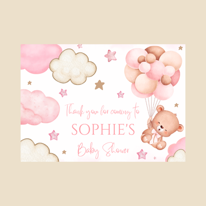 Rectangle Stickers | Pink Teddy Bear Balloon Clouds Party Stickers | Birthday, Baby Shower, Christening Stickers | Party Bag Stickers