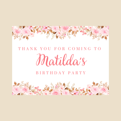 Rectangle Stickers | Pink Floral Roses Party Stickers | Birthday, Baby Shower, Christening Stickers | Party Bag Stickers