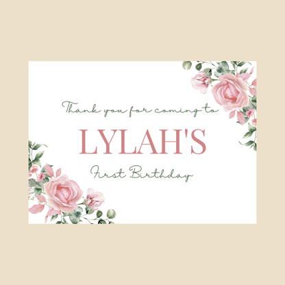 Rectangle Stickers | Pink Floral Roses Party Stickers | Birthday, Baby Shower, Christening Stickers | Party Bag Stickers