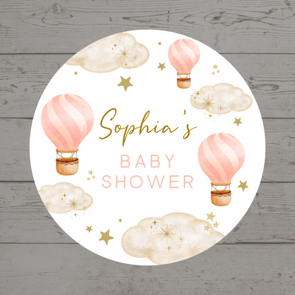 Light Pink Hot Air Balloon Party Circle Stickers | Baby Shower, Birthday Party Stickers | Pink Hot Air Balloon Party Bag Labels
