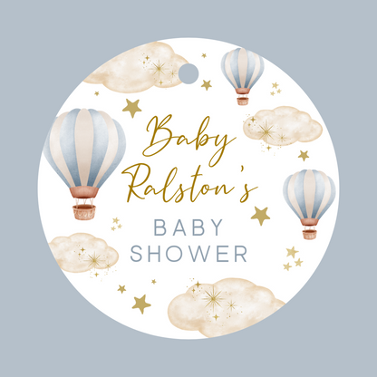 Blue Hot Air Balloon Party Circle Stickers | Baby Shower, Birthday Party Stickers | Blue Hot Air Balloon Party Bag Labels