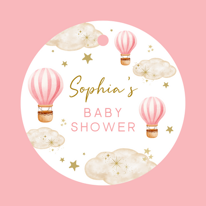Dark Pink Hot Air Balloon Party Circle Stickers | Baby Shower, Birthday Party Stickers | Pink Hot Air Balloon Party Bag Labels