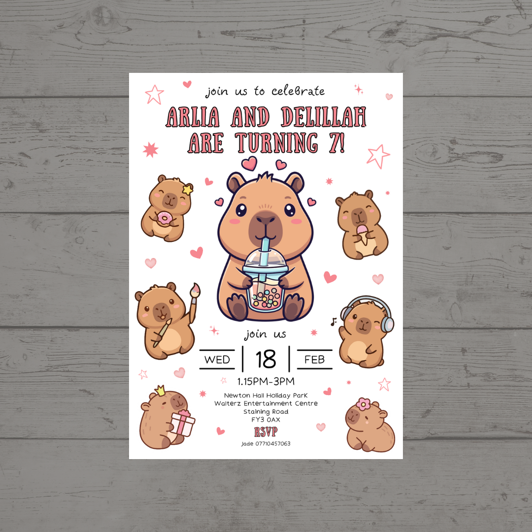 Pink Capybara Party Invitations | A6 Invites | Capybara Theme Invitations | Party Invitations - Dinky Designs