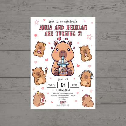 Pink Capybara Party Invitations | A6 Invites | Capybara Theme Invitations | Party Invitations - Dinky Designs