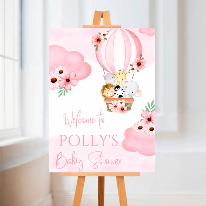 Pink OR Blue Safari Animal Hot Air Balloon Welcome Board Sign | Personalised Baby Shower, Birthday, Christening Party Board | Party Sign | A4, A3, A2, A1
