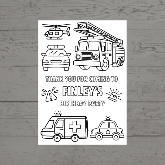 A6 Colouring Sheets | Personalised Emergency Vehicle Colouring Sheets | Party Bag Favours