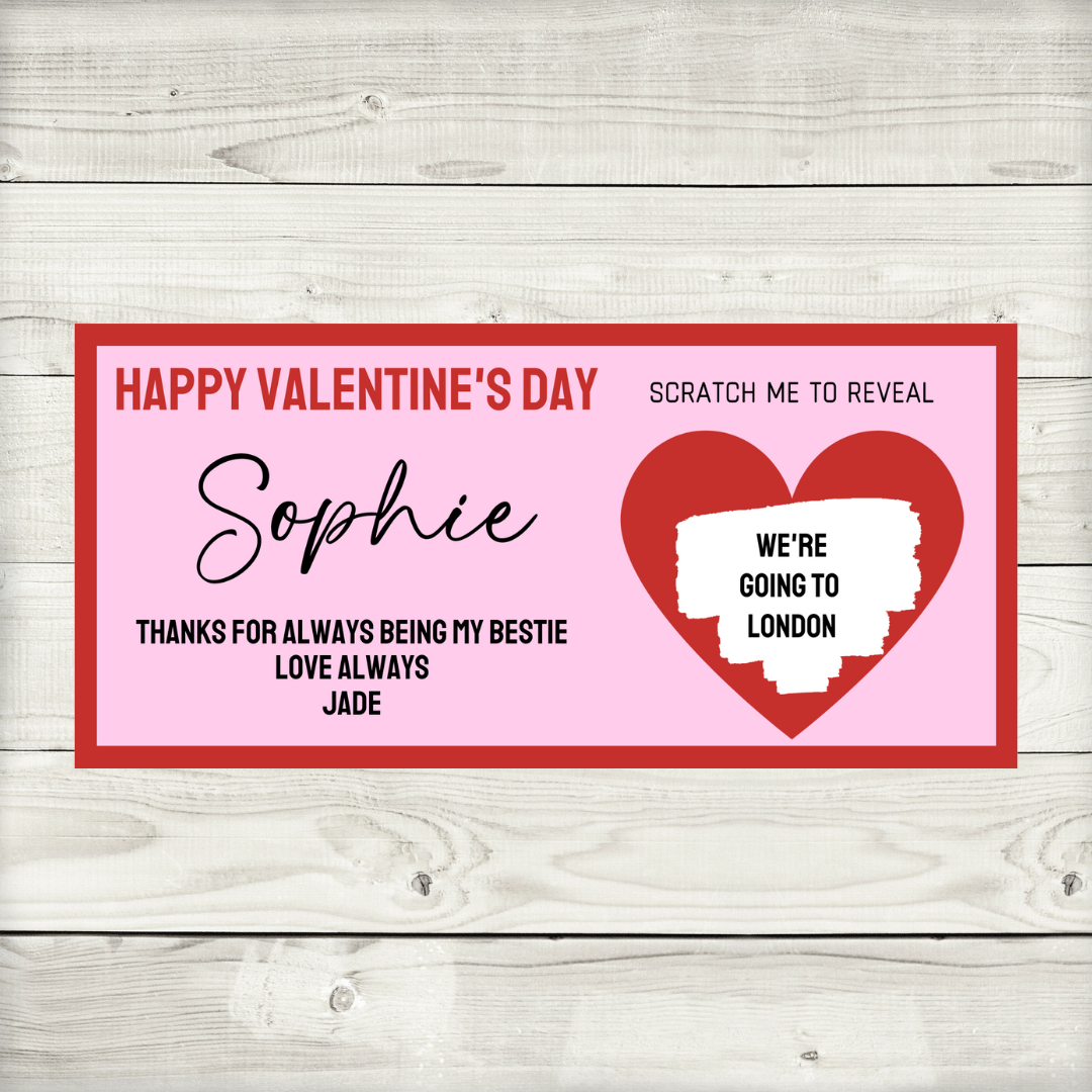Red & Pink Surprise Valentine Ticket Print | Personalised Valentine Ticket | Valentine Scratch Reveal | Bestie, Best Friend Valentine | Gift Idea, Design 2