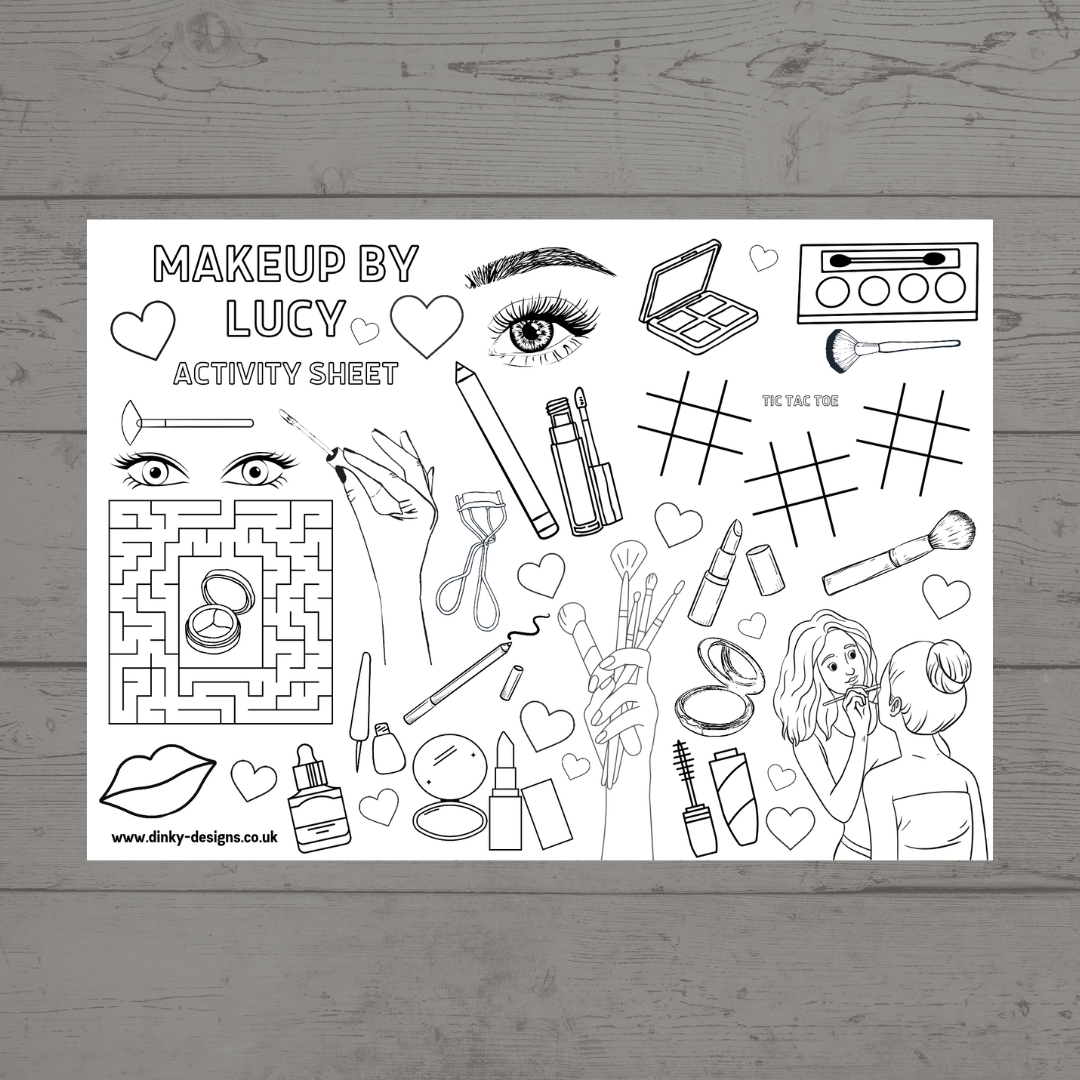 A4 Colouring Activity Sheets | Personalised Makeup Design Activity Sheets | Makeup Artist Placemats - Dinky Designs