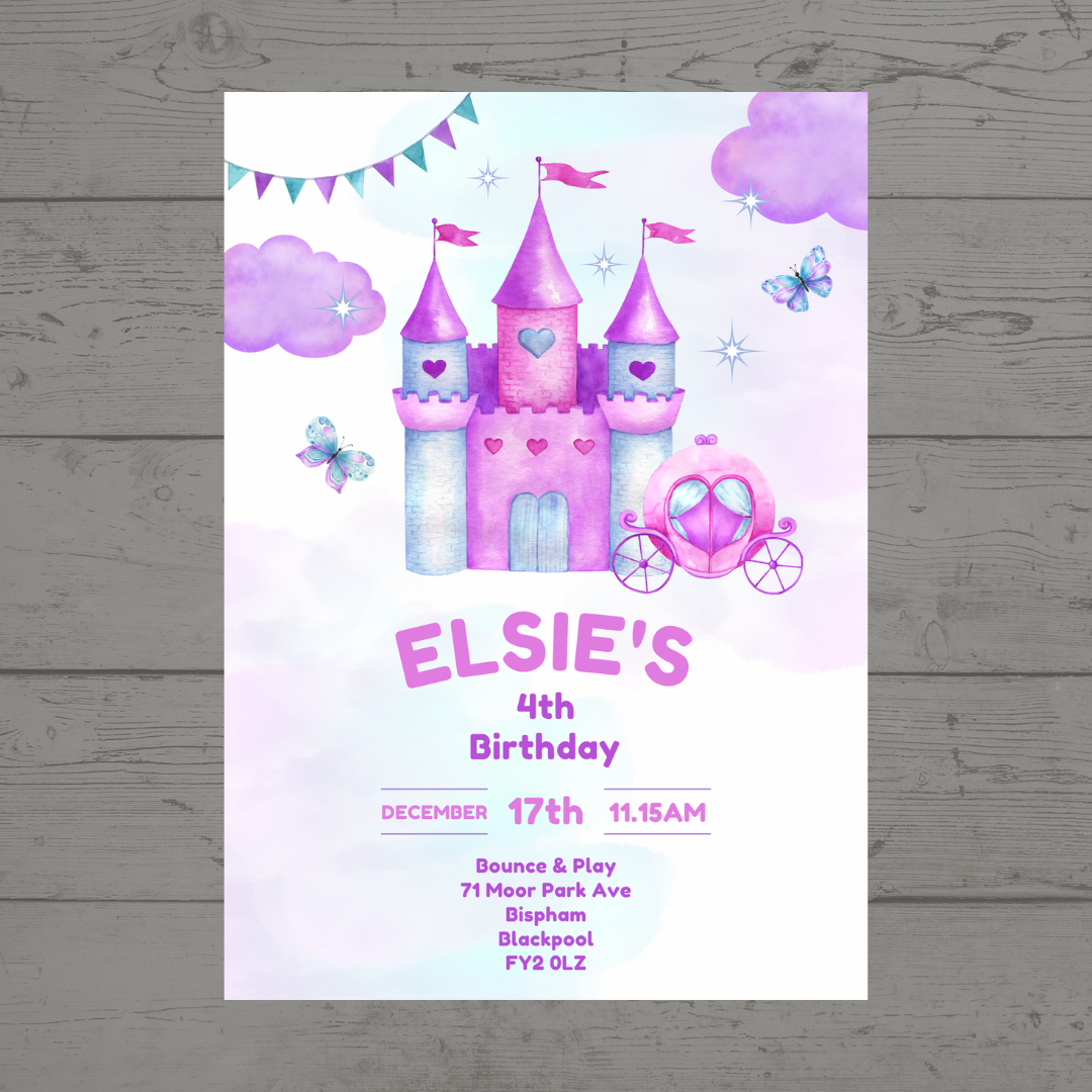 Princess Pink Purple Birthday Invitations | A6 Invites | Princess Theme Invitations | Party Invitations - Dinky Designs