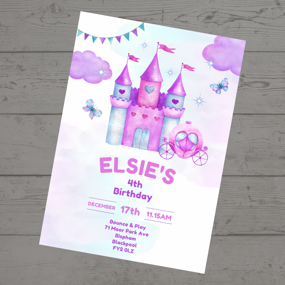 Princess Pink Purple Birthday Invitations | A6 Invites | Princess Theme Invitations | Party Invitations - Dinky Designs