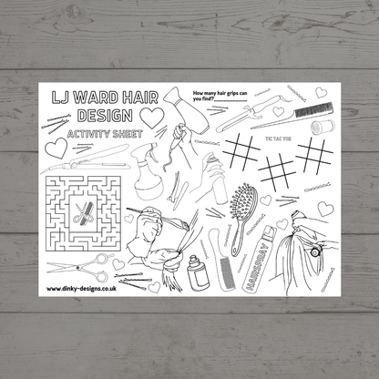 A4 Colouring Activity Sheets | Personalised Hairdresser Activity Sheets | Hair Salon Placemats - Dinky Designs