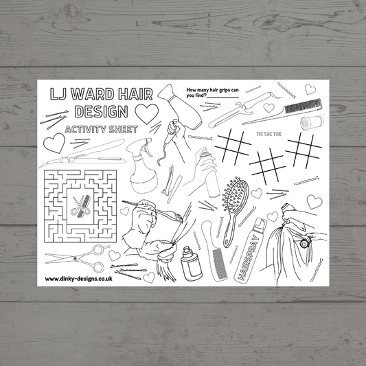 A4 Colouring Activity Sheets | Personalised Hairdresser Activity Sheets | Hair Salon Placemats - Dinky Designs