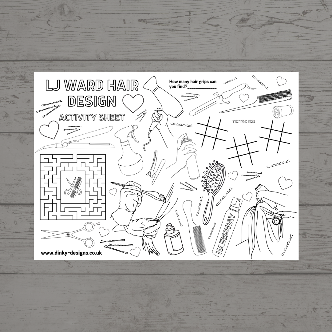 A4 Colouring Activity Sheets | Personalised Hairdresser Activity Sheets | Hair Salon Placemats - Dinky Designs