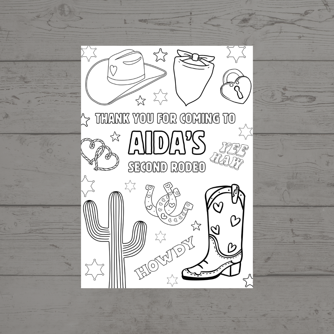 A6 Colouring Sheets | Personalised Cowgirl Rodeo Colouring Sheets | Party Bag Favours - Dinky Designs