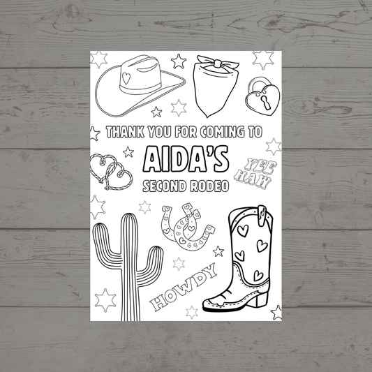 A6 Colouring Sheets | Personalised Cowgirl Rodeo Colouring Sheets | Party Bag Favours - Dinky Designs