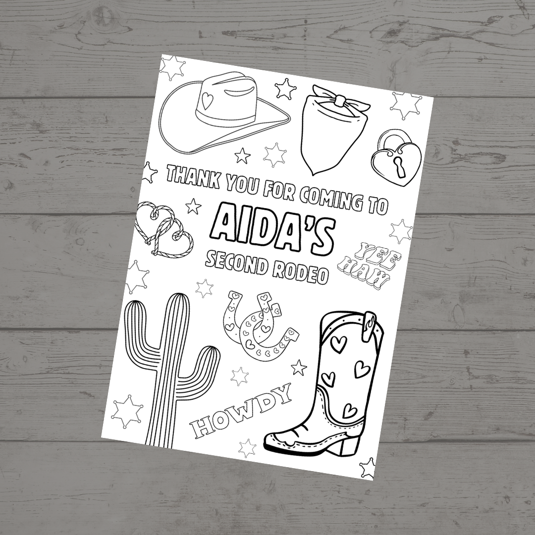 A6 Colouring Sheets | Personalised Cowgirl Rodeo Colouring Sheets | Party Bag Favours - Dinky Designs