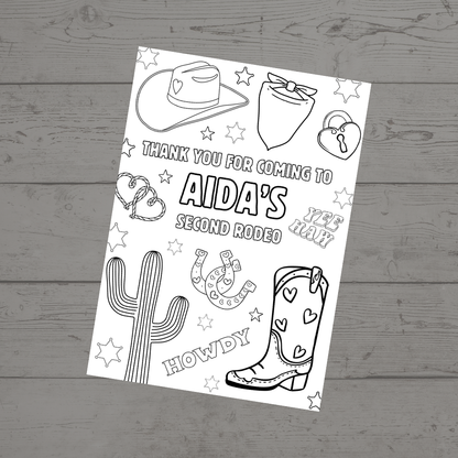 A6 Colouring Sheets | Personalised Cowgirl Rodeo Colouring Sheets | Party Bag Favours - Dinky Designs