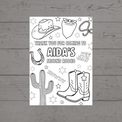 A6 Colouring Sheets | Personalised Cowboy Rodeo Colouring Sheets | Party Bag Favours - Dinky Designs