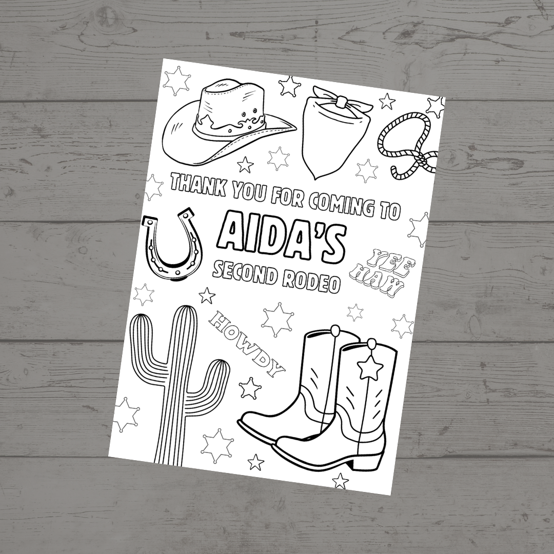 A6 Colouring Sheets | Personalised Cowboy Rodeo Colouring Sheets | Party Bag Favours - Dinky Designs