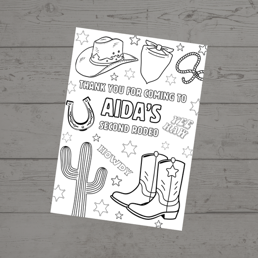 A6 Colouring Sheets | Personalised Cowboy Rodeo Colouring Sheets | Party Bag Favours - Dinky Designs