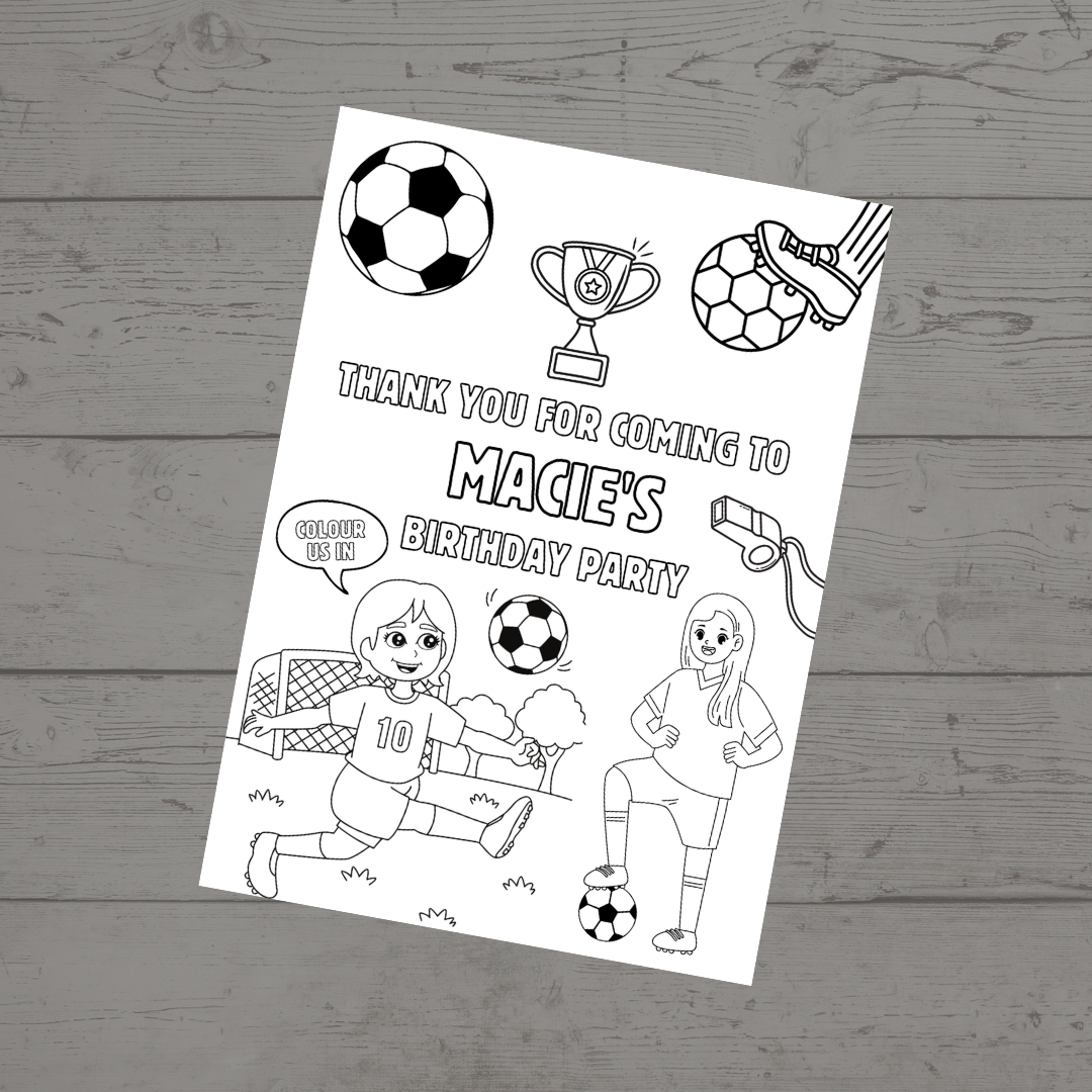A6 Colouring Sheets | Personalised Girls Football Colouring Sheets | Party Bag Favours - Dinky Designs