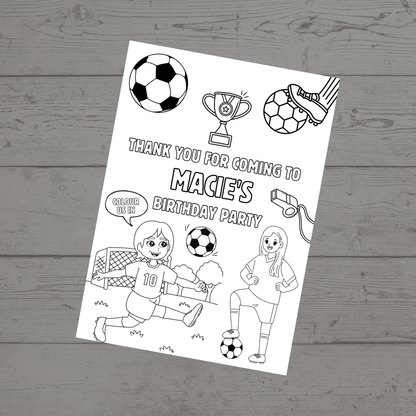 A6 Colouring Sheets | Personalised Girls Football Colouring Sheets | Party Bag Favours - Dinky Designs