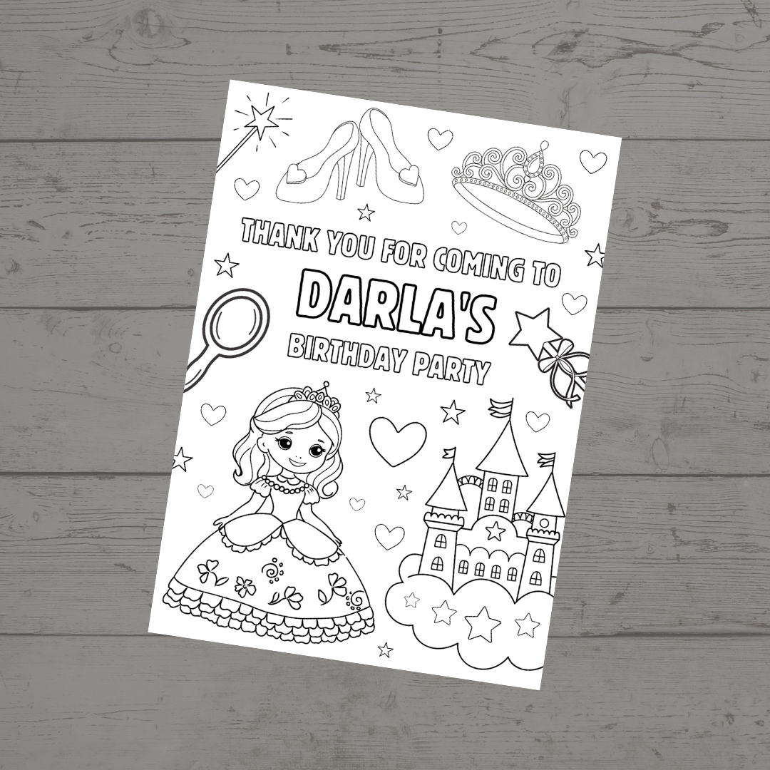 A6 Colouring Sheets | Personalised Princess Colouring Sheets | Party Bag Favours - Dinky Designs
