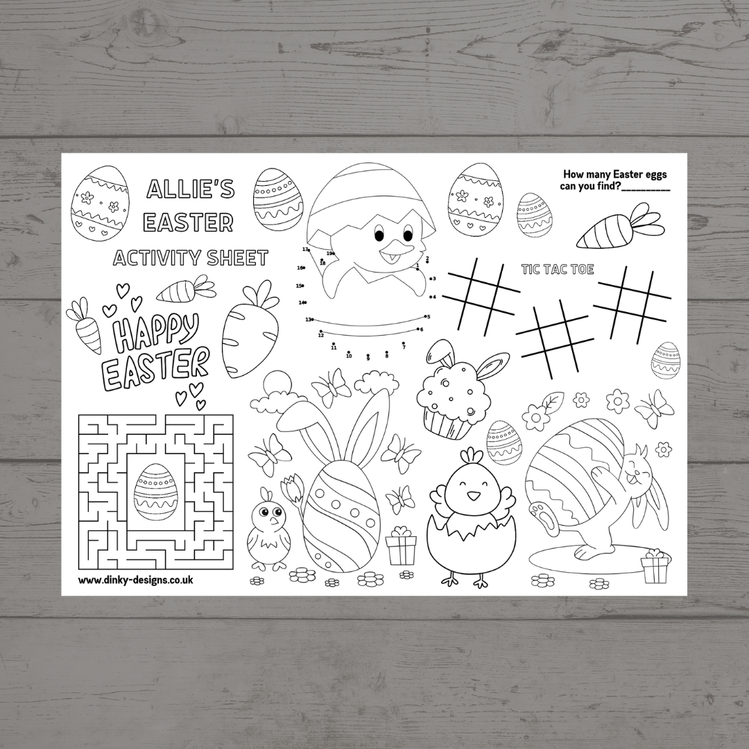 A4 Colouring Activity Sheets | Personalised Easter Activity Sheets | Easter Placemats - Dinky Designs