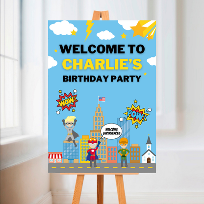 Superhero Welcome Board Sign | Personalised Superhero Birthday Board | Birthday Party Sign | A4, A3, A2