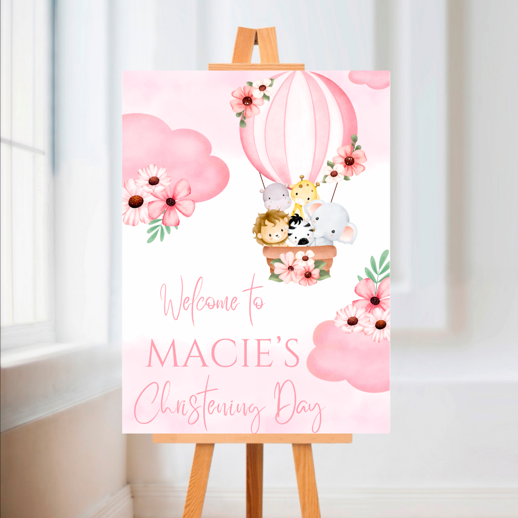Pink OR Blue Safari Animal Hot Air Balloon Welcome Board Sign | Personalised Baby Shower, Birthday, Christening Party Board | Party Sign | A4, A3, A2, A1