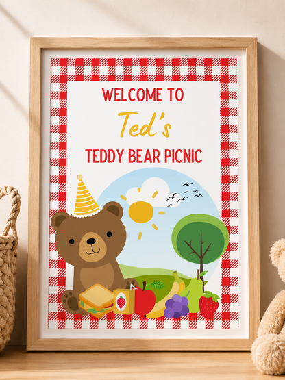 Red Teddy Bear Picnic Welcome Print | Personalised Birthday Print | Birthday Party Table Print | A4, A3