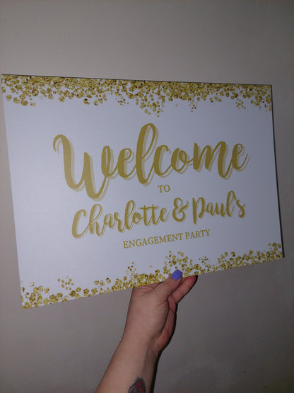 Gold & White Engagement Welcome Board Sign | Personalised Engagement Board | Engagement Party Sign | A4, A3, A2