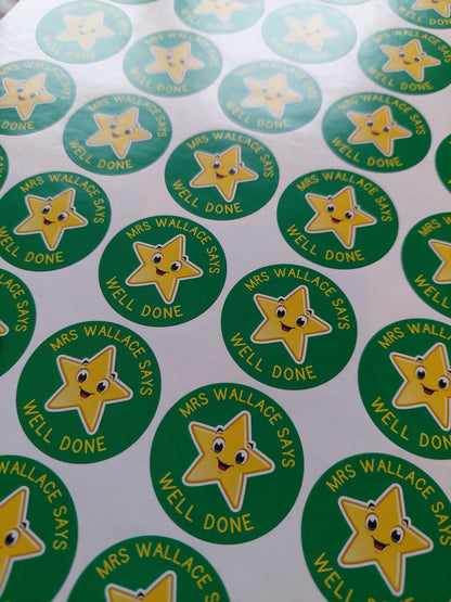Green Star Teacher Stickers | Sticker Sheet 45mm Circles | Well Done Stickers | Circle Stickers | Sticker Sheet | Personalised Star Classroom Stickers