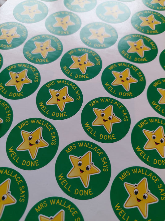 Green Star Teacher Stickers | Sticker Sheet 45mm Circles | Well Done Stickers | Circle Stickers | Sticker Sheet | Personalised Star Classroom Stickers