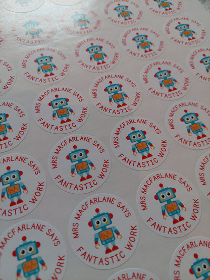 Robot Teacher Stickers | Sticker Sheet 45mm Circles | Well Done Stickers | Circle Stickers | Sticker Sheet | Personalised Star Classroom Stickers