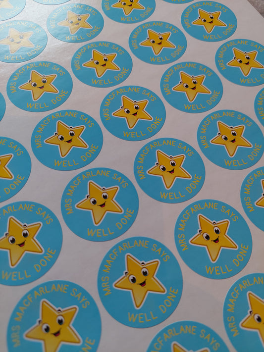 Blue Star Teacher Stickers | Sticker Sheet 45mm Circles | Well Done Stickers | Circle Stickers | Sticker Sheet | Personalised Star Classroom Stickers