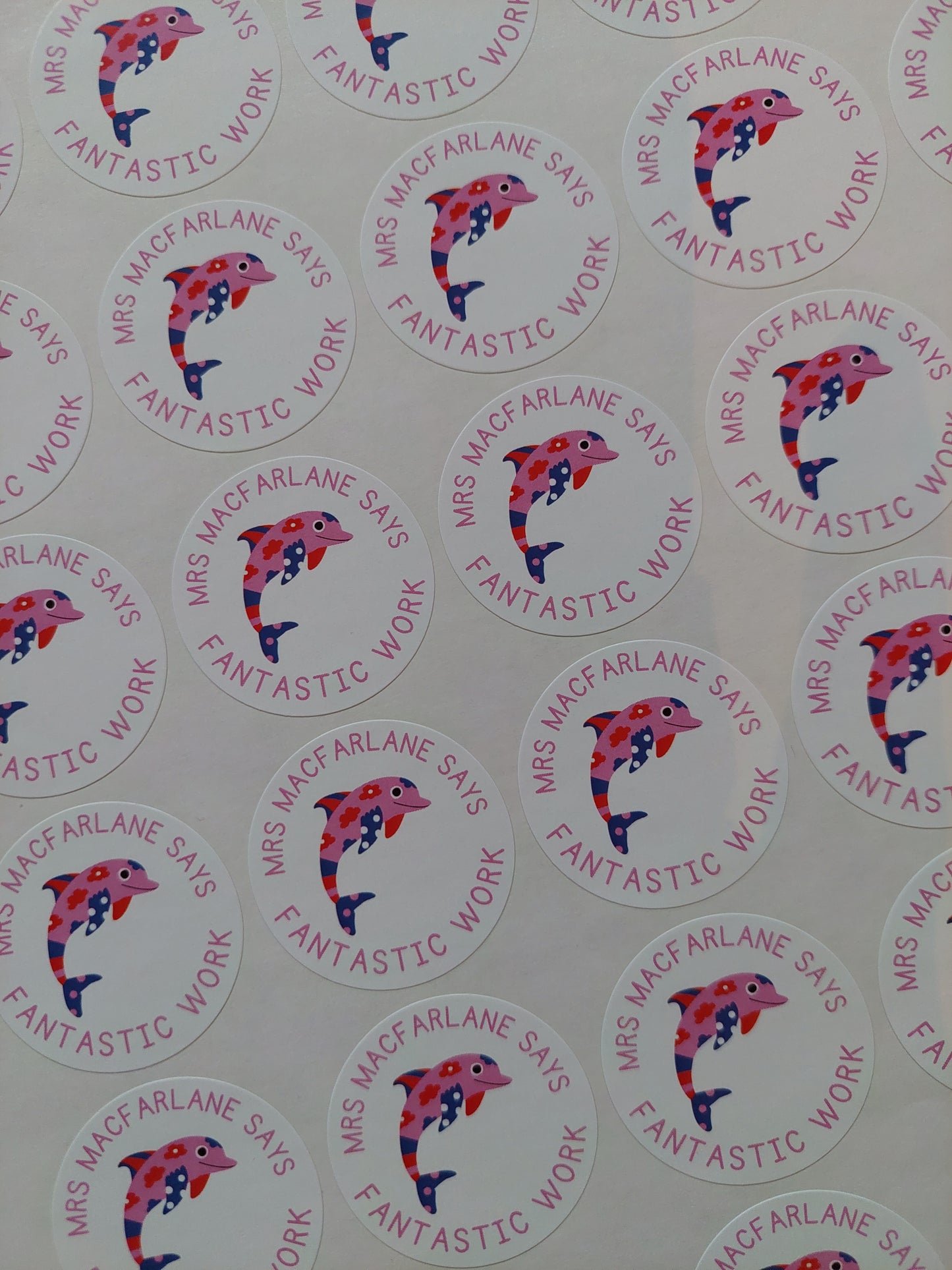 Dolphin Teacher Stickers | Sticker Sheet 45mm Circles | Well Done Stickers | Circle Stickers | Sticker Sheet | Personalised Dolphin Classroom Stickers